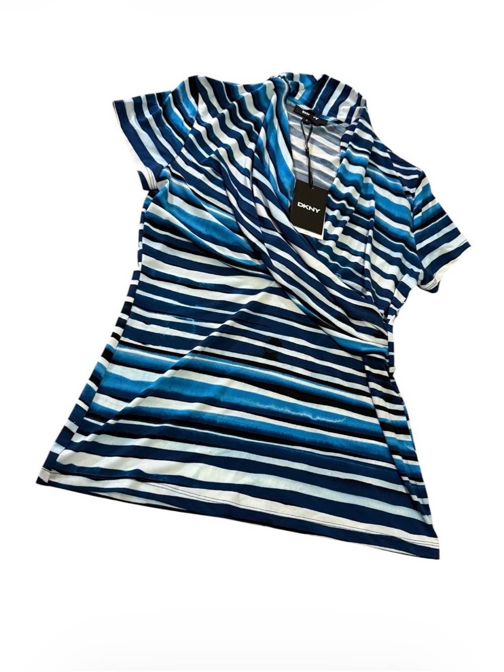 DKNY Blue & White Striped V-Neck Wrap Tunic